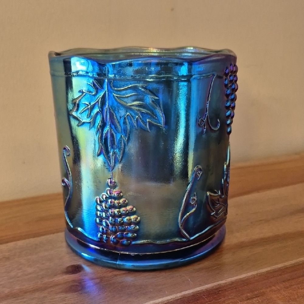 Vintage Indiana Iridescent Carnival Glass Vase w/ Grape Leaf Design